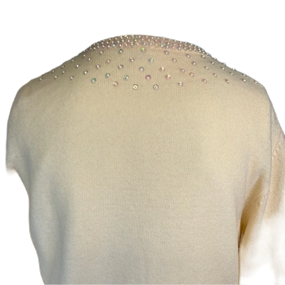 Vintage Wool Blend Cardigan Sweater Sequins Bead Embellished Ivory Grandmother - Picture 6 of 14